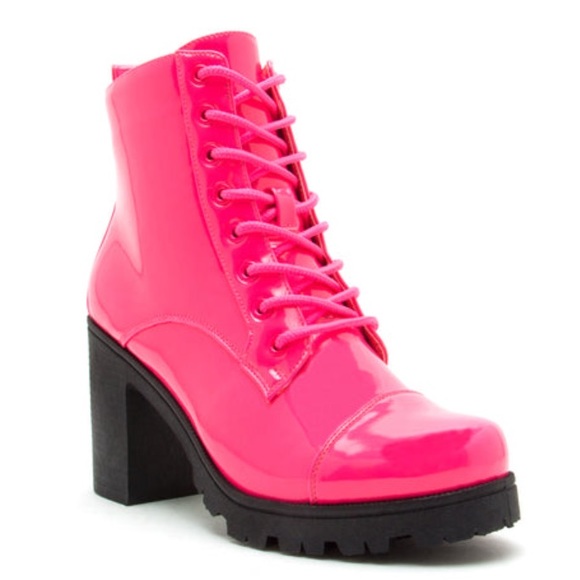 2 Left! Qupid SORRENTO Pink Neon Patent Lace-Up Heeled Combat Bootie - Picture 2 of 8
